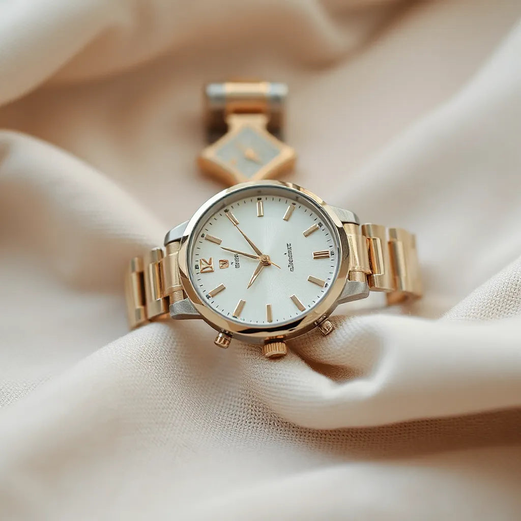 Elegant women’s limited edition wristwatch with a refined dial on a neutral fabric background