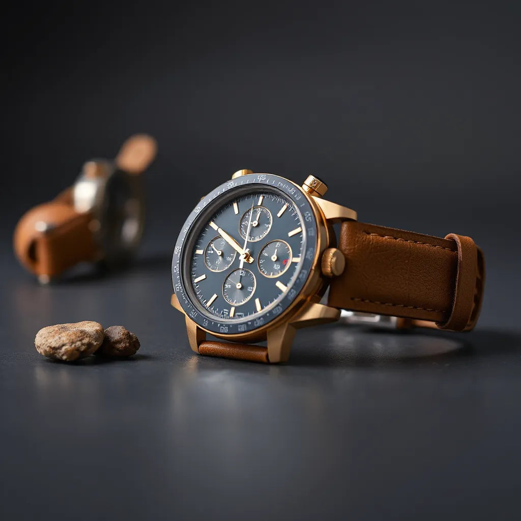 Chronograph style wristwatch on a leather strap with another matching watch softly blurred in the background