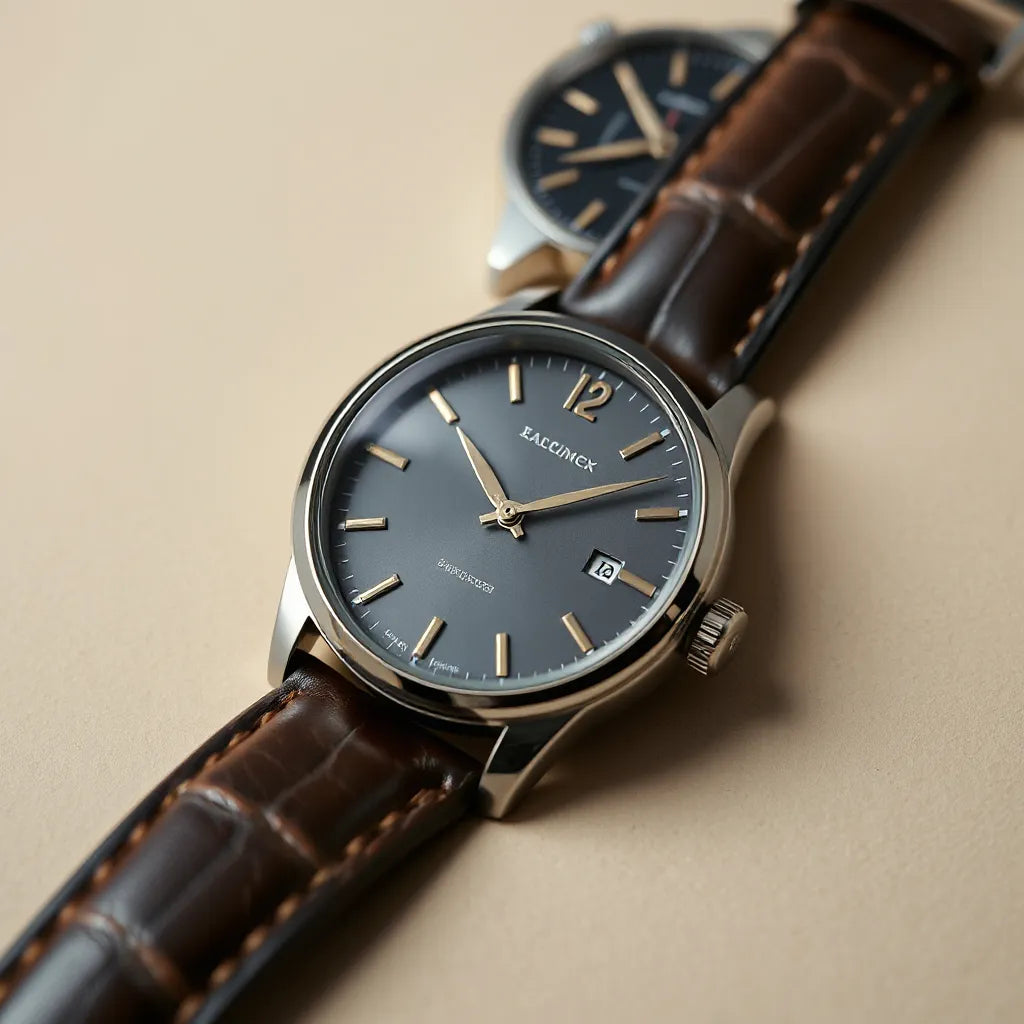 Two luxury wristwatches on a neutral background with leather straps and detailed dials