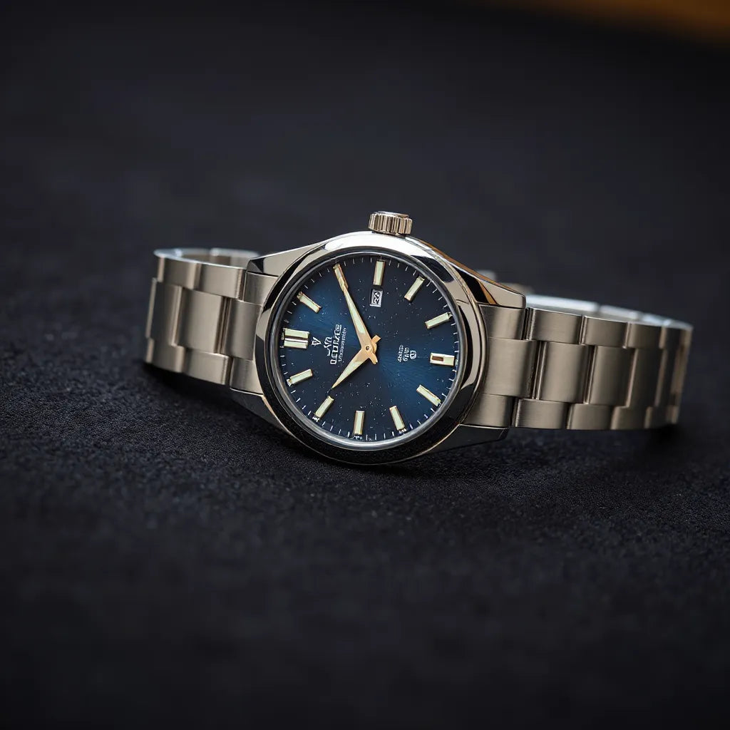 A starry-sky dial Seiko Astron Nexter watch with polished case and luminous markers on a dark background