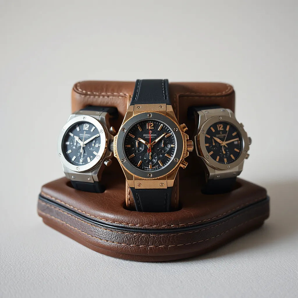 Luxury wristwatches with distinctive bezels and textured dials displayed on a dark leather stand in soft studio light