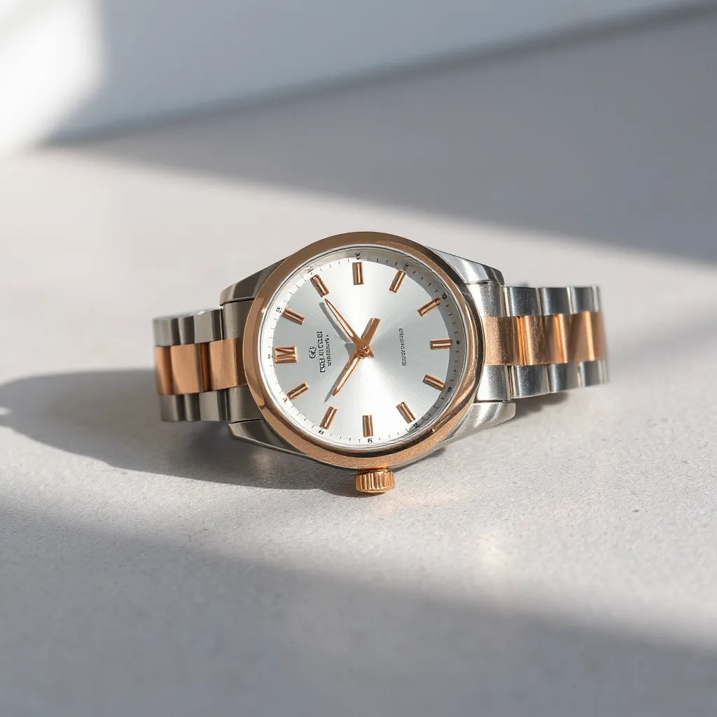 Silver wristwatch with pink gold accents displayed on a light stone surface in soft natural light