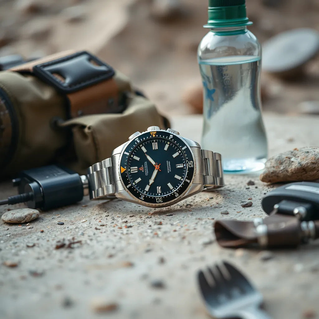 Rugged wristwatch with a clear dial on outdoor gear in natural daylight