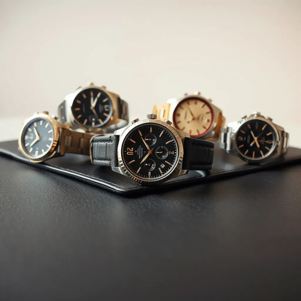 Luxury watches with distinct dials arranged on dark leather under soft studio lighting