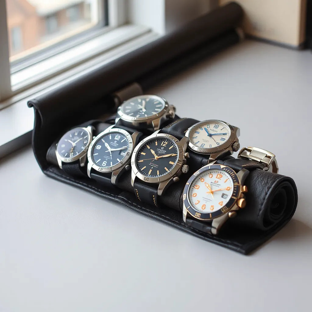 Assorted JDM-style wristwatches displayed on a dark leather roll under soft natural light