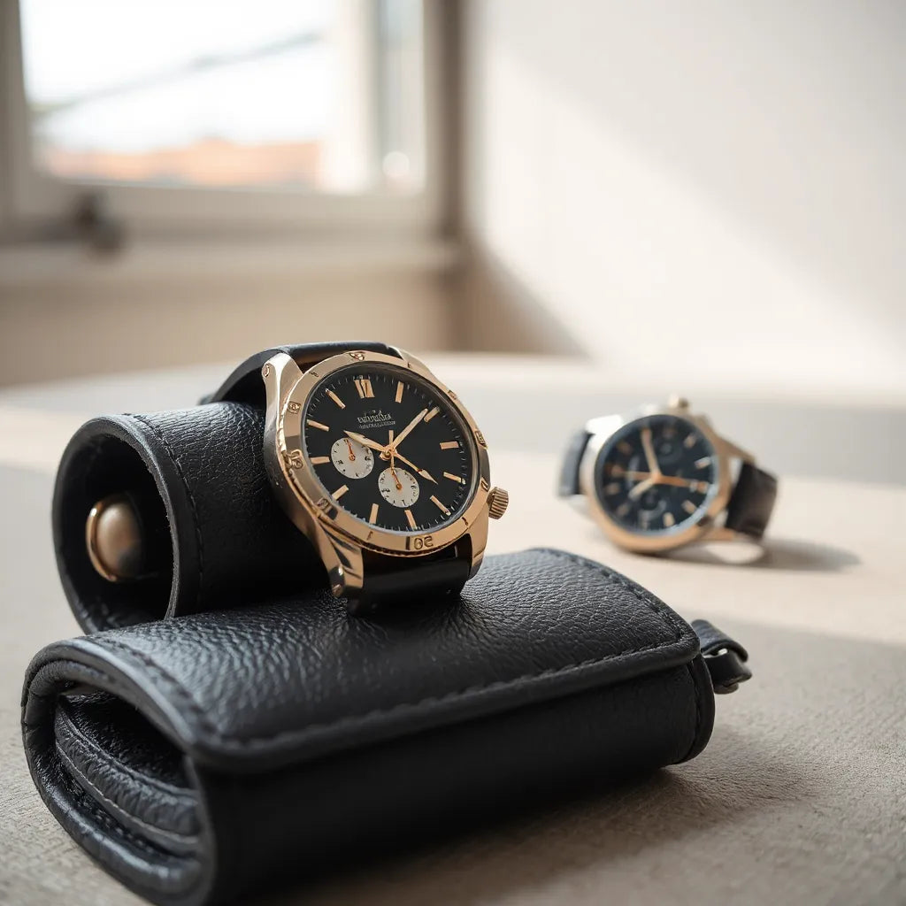 Luxury limited edition watches displayed on a leather roll with soft light and visible metallic details