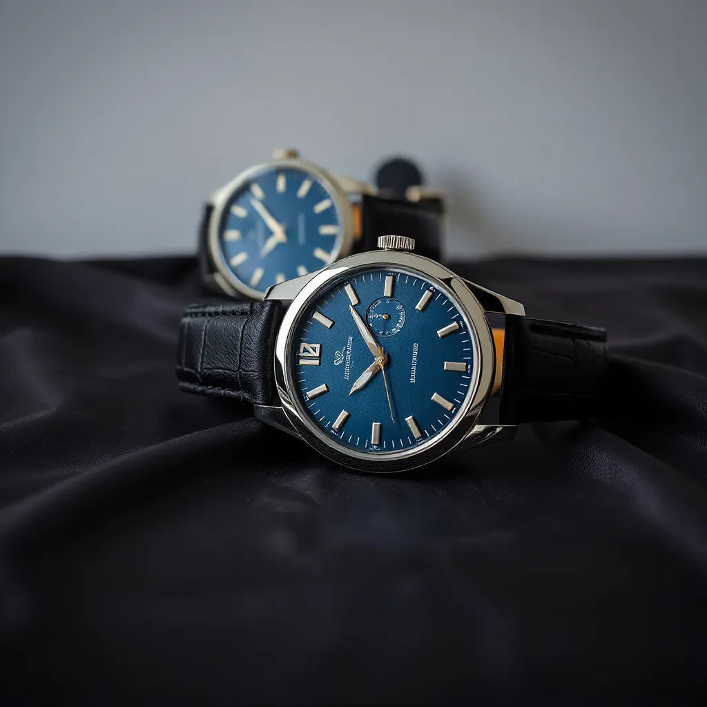 Luxury wristwatch with polished case and leather strap on dark satin fabric under soft studio lighting