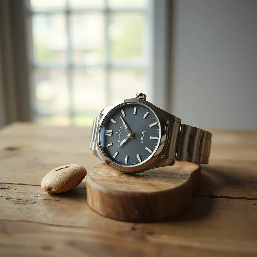 Close-up of a Ventura-style watch on a wooden surface with detailed bracelet and polished case