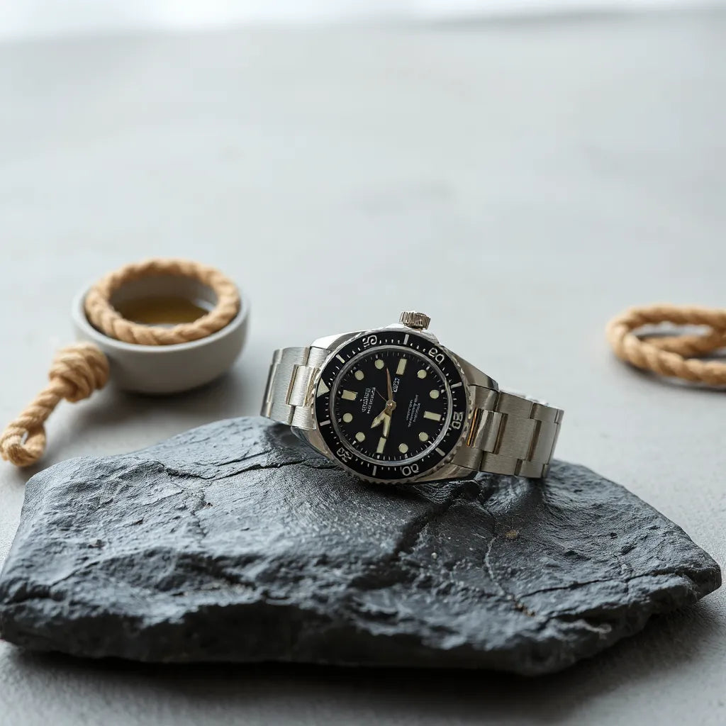 Japanese automatic diver’s watch with rotating bezel and luminous dial beside shallow water on dark stone