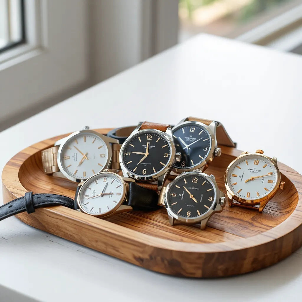 Japanese domestic market style watches displayed on a wooden tray under soft natural light