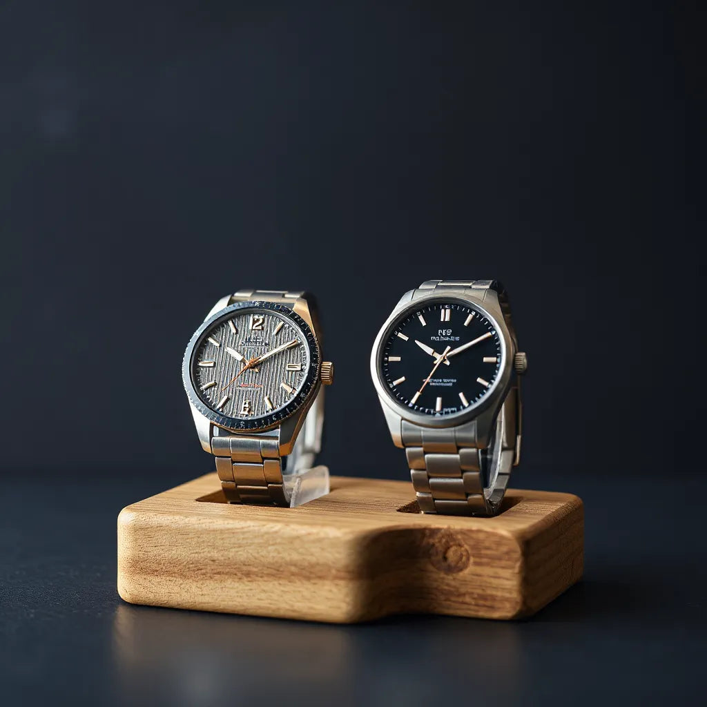 Two Japanese sports-style watches on a wooden stand under soft studio lighting