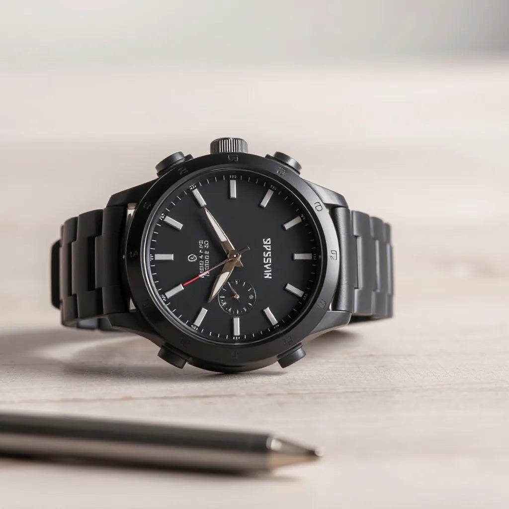 Modern GPS solar watch resting on a neutral surface with the dial and crown clearly visible