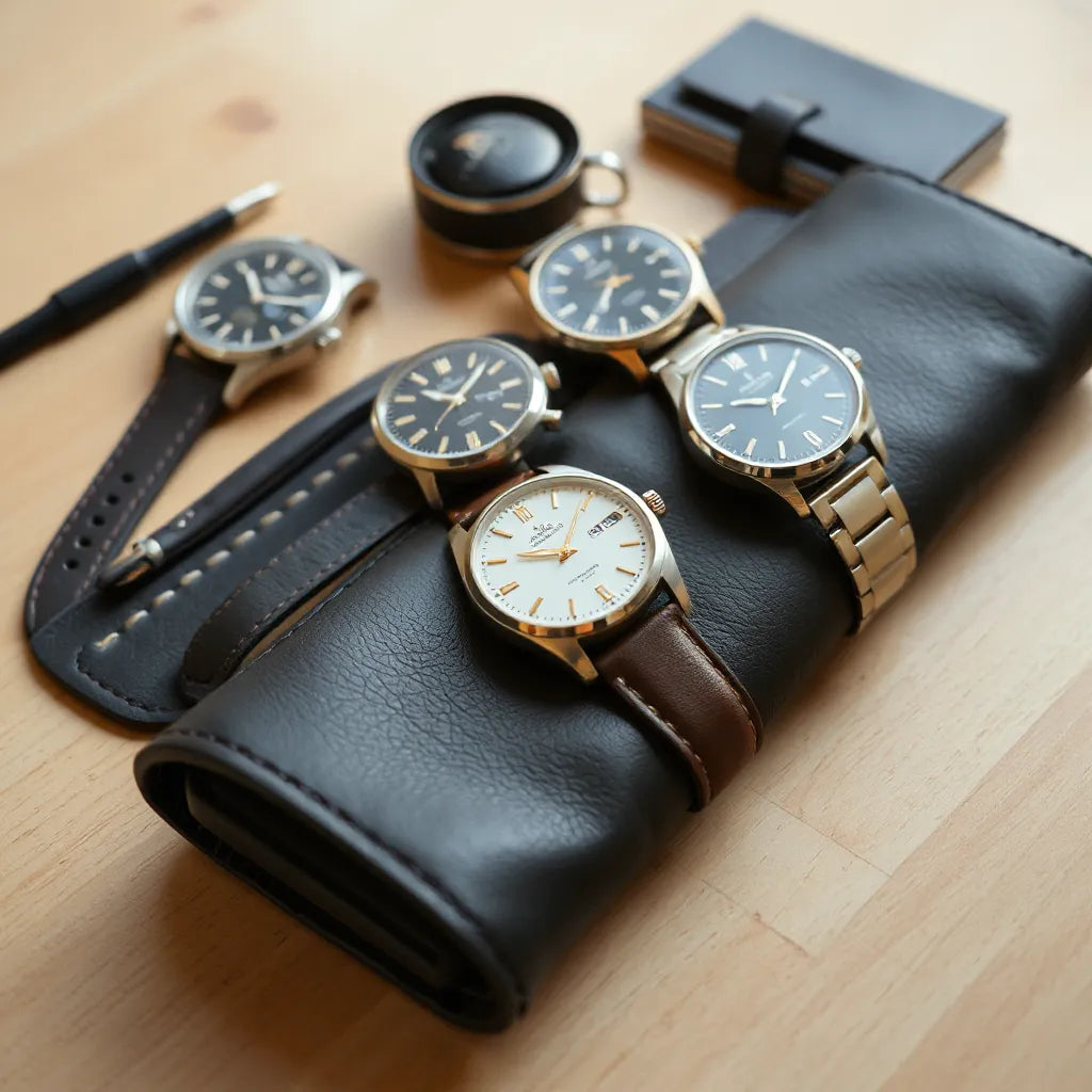 Luxury watches with polished cases and leather straps on a dark watch roll under warm studio light