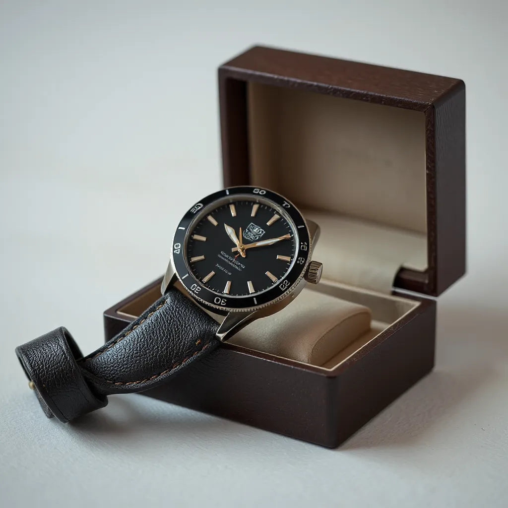 Luxury wristwatch with a detailed dial and leather strap on a dark, softly lit background