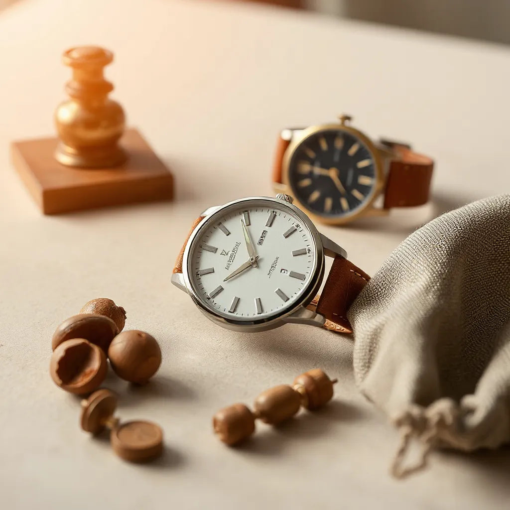Vintage-inspired wristwatch with leather strap on a neutral tabletop in soft natural light