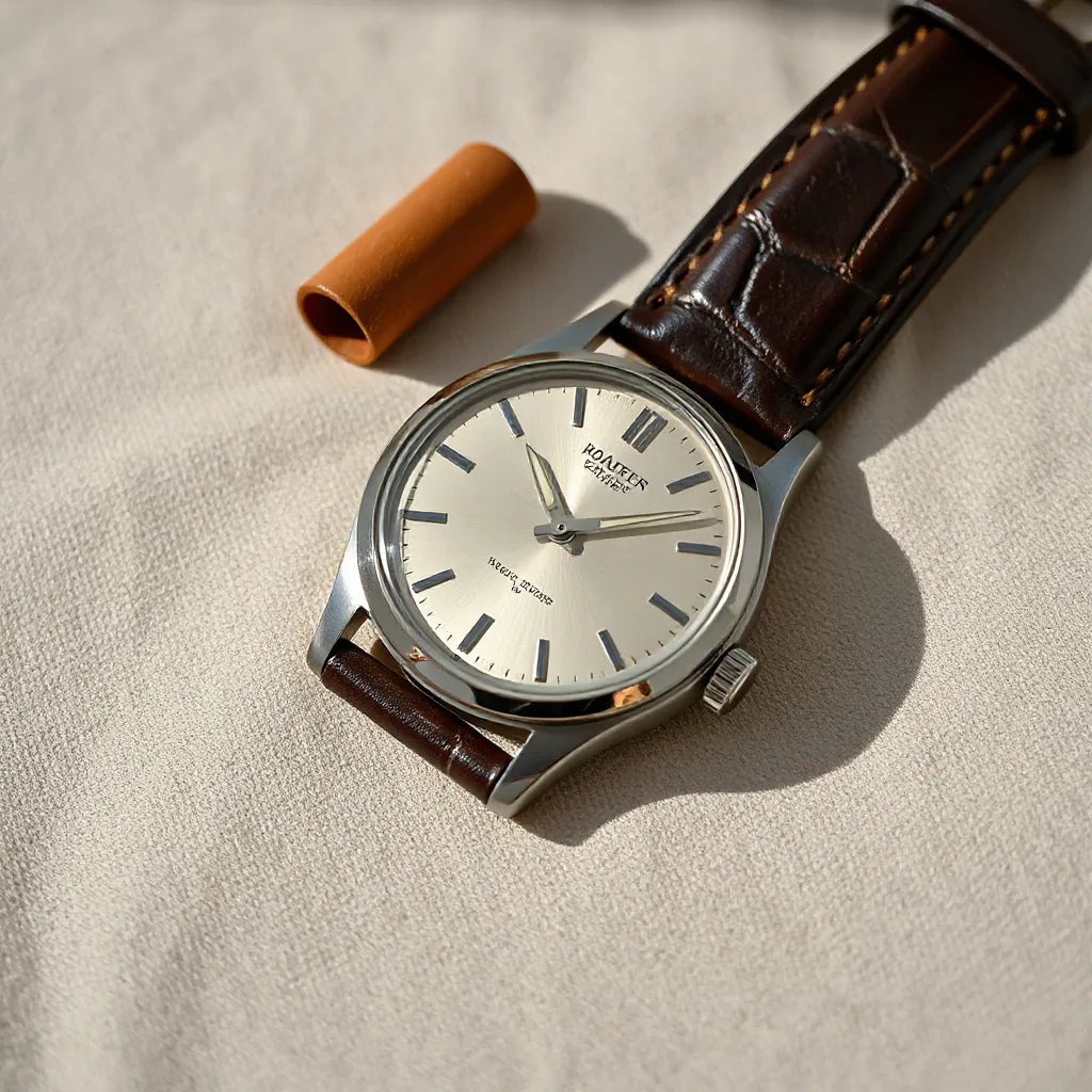 Classic automatic watch dial with elegant indices and hands on a neutral background with soft lighting