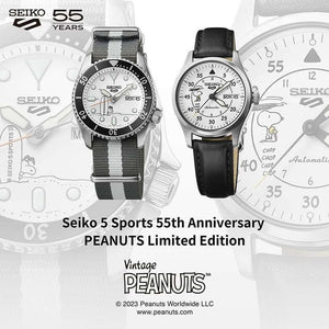 ROOK JAPAN:Seiko 5 Sports Peanuts White Dial Leather Band Snoopy Men Watch (6500 LIMITED) SRPK27K1,JDM Watch,Seiko 5