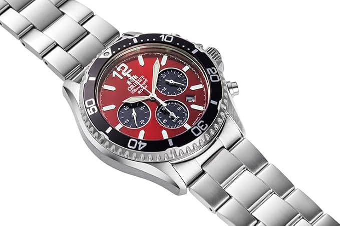 ORIENT MAKO SOLAR CHRONOGRAPH SILVER & RED MEN WATCH RN-TX0207R