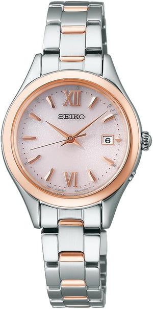 SEIKO SELECTION S SERIES SOLAR RADIO WAVE ROUND FACE SILVER & PINK GOLD WOMEN WATCH SWFH132