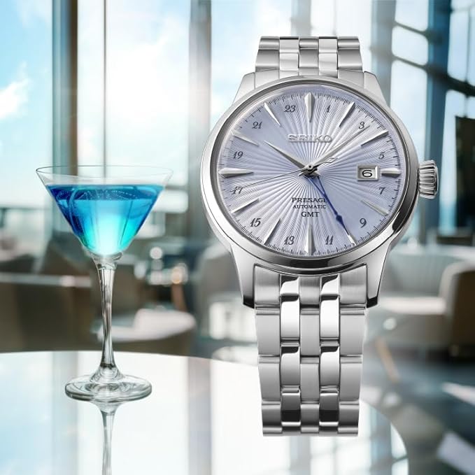 SEIKO PRESAGE COCKTAIL TIME AUTOMATIC GMT SILVER & LIGHT BLUE MEN WATCH SARY241