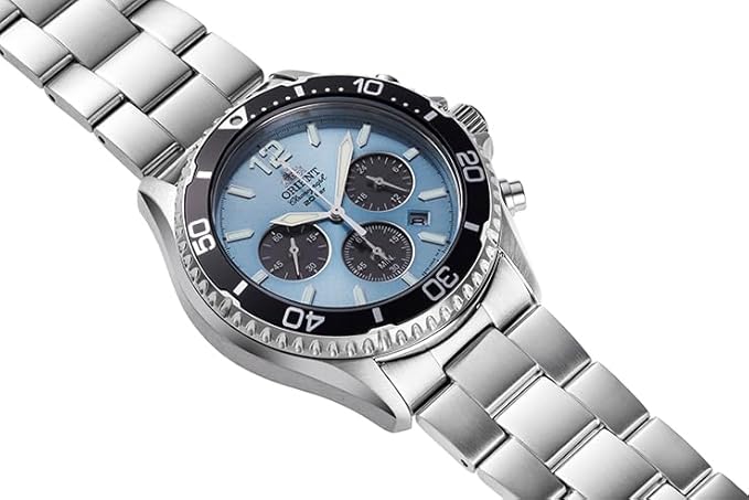 ORIENT MAKO SOLAR CHRONOGRAPH SILVER & SKY BLUE MEN WATCH RN-TX0206L