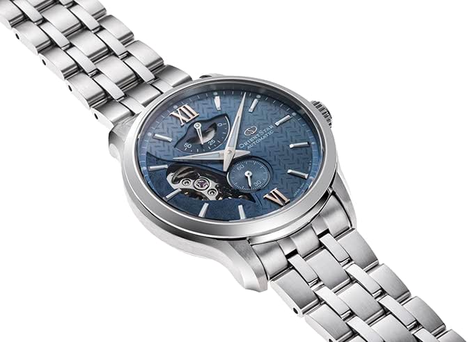 ORIENT STAR LAYERED SKELETON OPEN HEART SILVER & BLUE MEN WATCH RK-AV0B08L