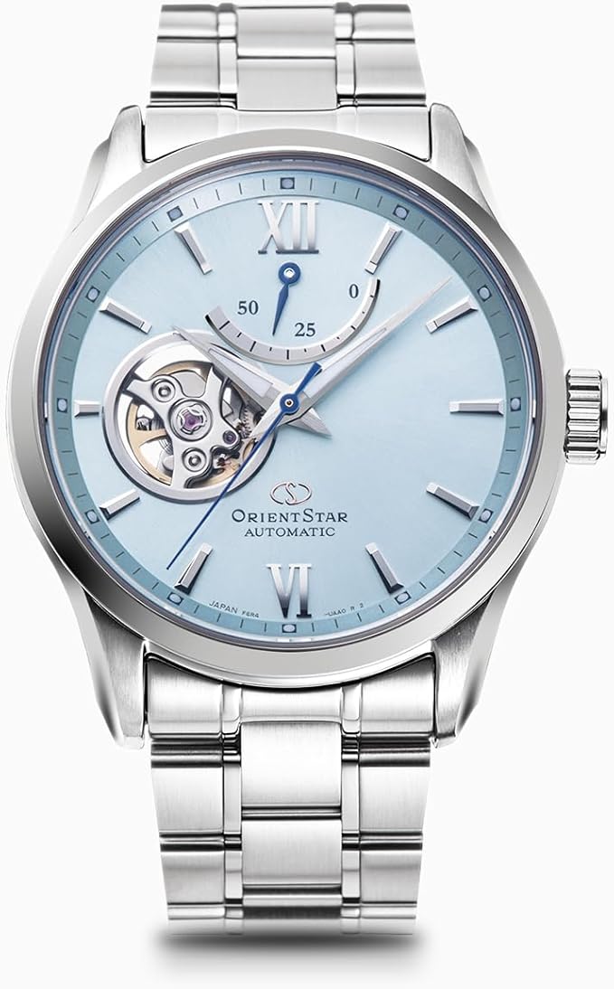 ORIENT STAR SEMI-SKELETON OPEN HEART SILVER & SKY BLUE MEN WATCH (LIMITED 300) RK-AT0019L