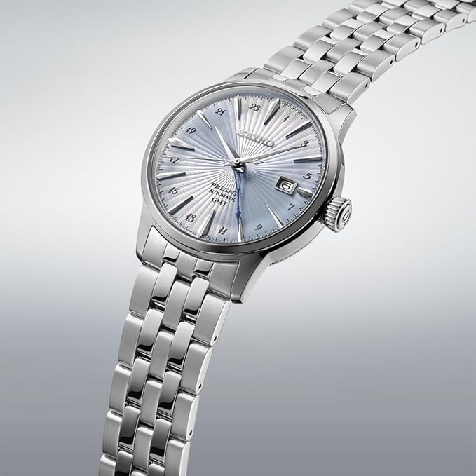 SEIKO PRESAGE COCKTAIL TIME AUTOMATIC GMT SILVER & LIGHT BLUE MEN WATCH SARY241