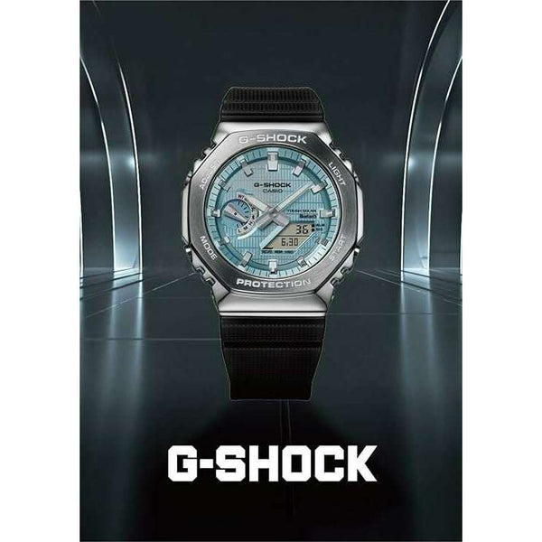 CASIO G-SHOCK METAL COVERED BLUETOOTH SOLAR SILVER & BLUE DIAL MEN
