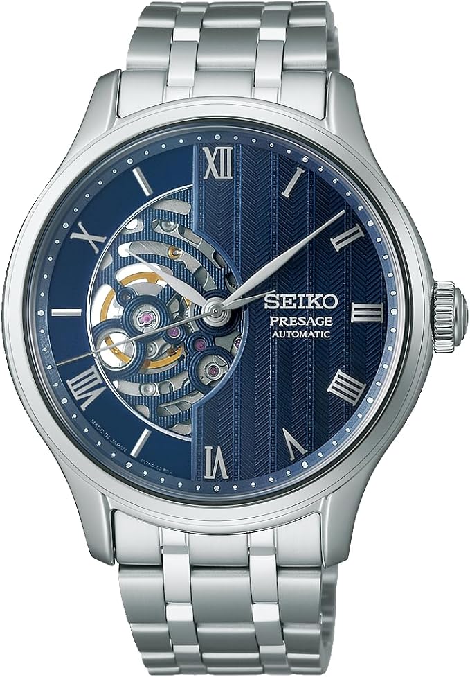 SEIKO PRESAGE AUTOMATIC JAPANESE GARDEN SILVER & NAVY BLUE SKELETON DIAL MEN WATCH SARY253