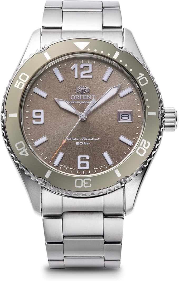 ORIENT MAKO SOLAR SILVER & COCOA BROWN MEN WATCH RN-WJ0004Y