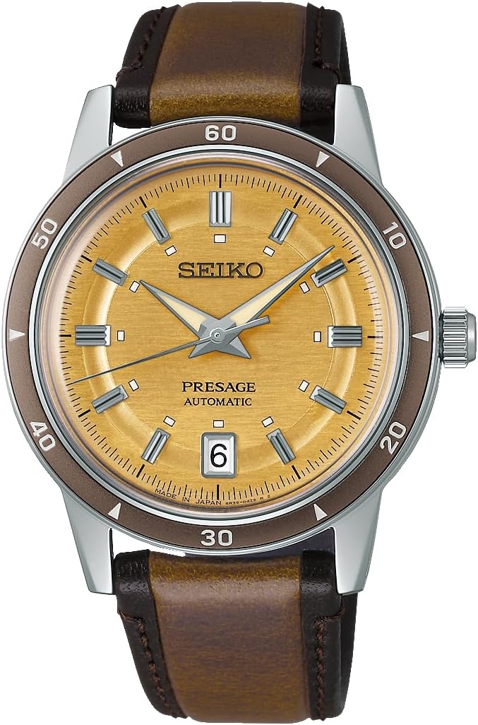 SEIKO PRESAGE STYLE 60'S SERIES AUTOMATIC BROWN LEATHER STRAP YELLOW DIAL MEN WATCH SARY269