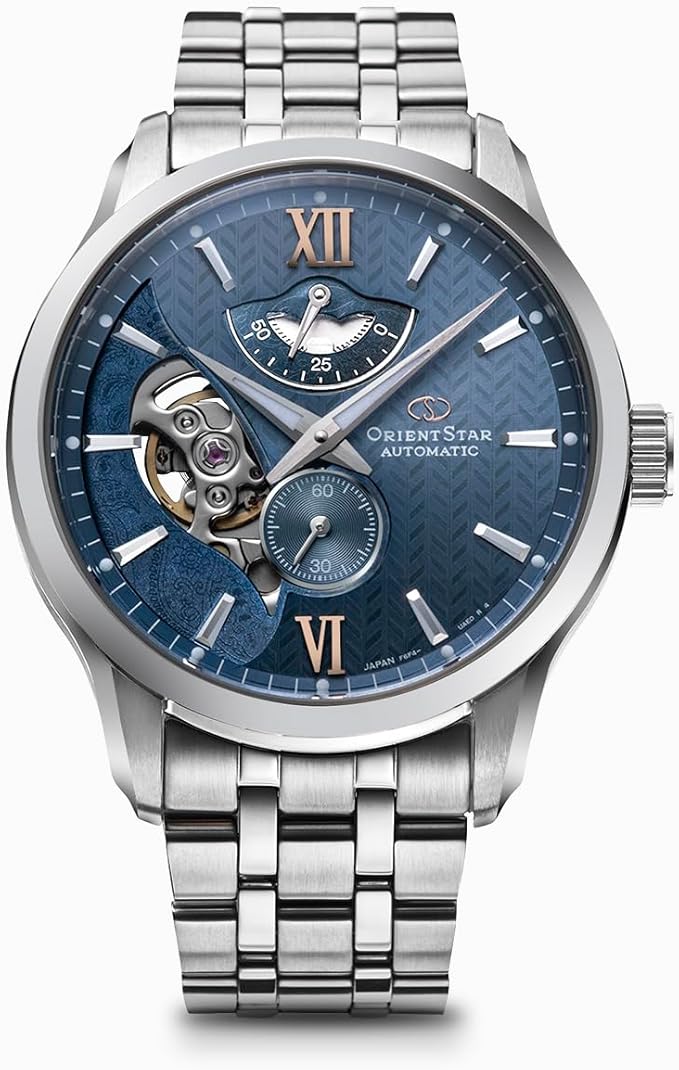 ORIENT STAR LAYERED SKELETON OPEN HEART SILVER & BLUE MEN WATCH RK-AV0B08L