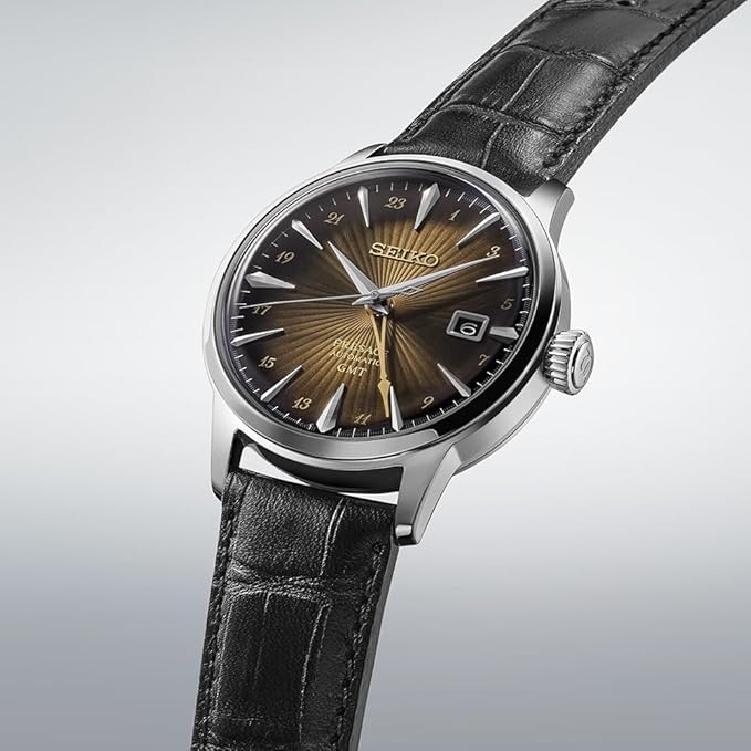 SEIKO PRESAGE COCKTAIL TIME AUTOMATIC GMT CALF LEATHER STRAP DARK BROWN DIAL MEN WATCH SARY243