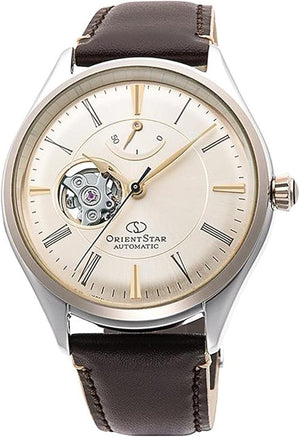 ORIENT STAR CLASSIC SEMI-SKELETON OPEN HEART SILVER & IVORY MEN WATCH RK-AT0201G