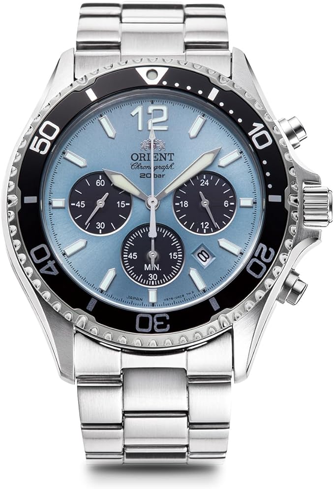 ORIENT MAKO SOLAR CHRONOGRAPH SILVER & SKY BLUE MEN WATCH RN-TX0206L