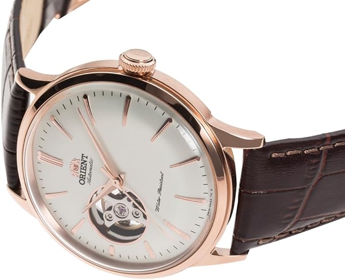 ORIENT BAMBINO AUTOMATIC OPEN HEART LEATHER STRAP GOLD MEN WATCH RN-AG0004S