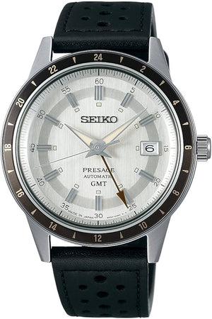 SEIKO PRESAGE STYLE 60'S SERIES GMT MODEL BLACK LEATHER STRAP IVORY DIAL MEN WATCH SARY231