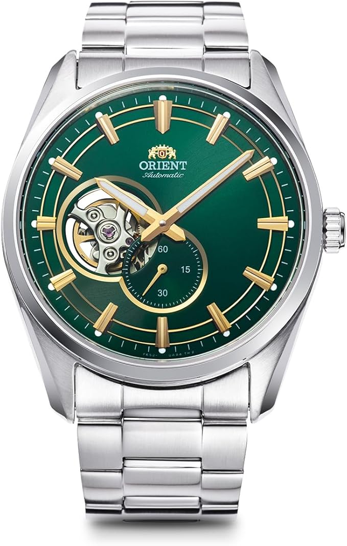 ORIENT CONTEMPORARY SEMI-SKELETON AUTOMATIC OPEN HEART GREEN MEN WATCH RN-AR0008E