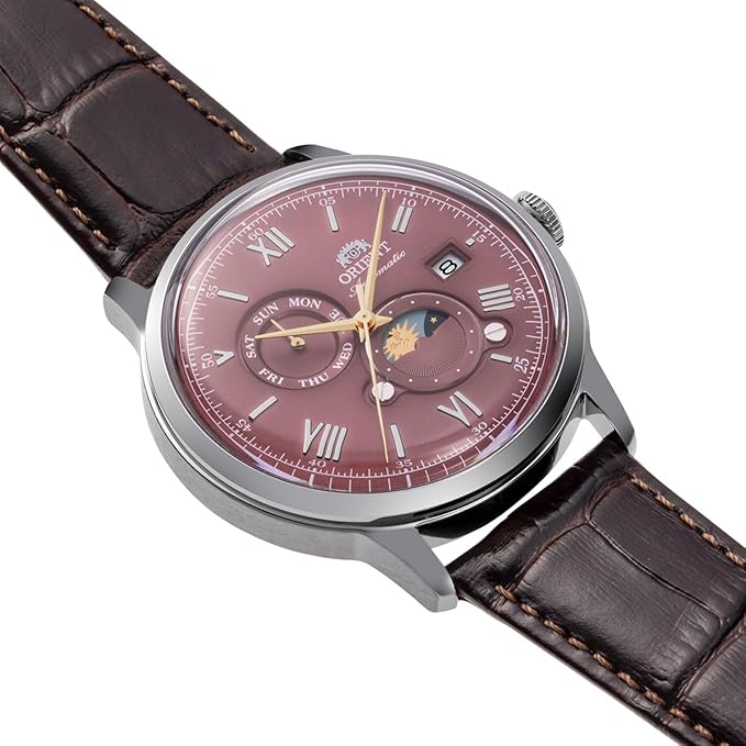 ORIENT BAMBINO SUN&MOON AUTOMATIC LEATHER STRAP BORDEAUX RED DIAL MEN WATCH RN-AK0807R