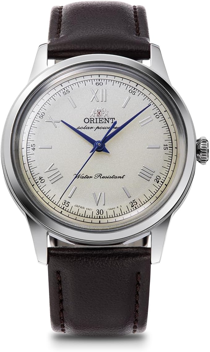 ORIENT BAMBINO SOLAR BROWN FAUX LEATHER STRAP IVORY MEN WATCH RN-WK0003G