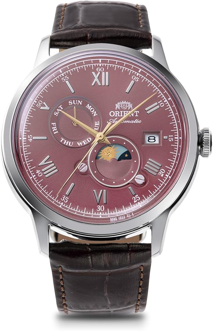 ORIENT BAMBINO SUN&MOON AUTOMATIC LEATHER STRAP BORDEAUX RED DIAL MEN WATCH RN-AK0807R