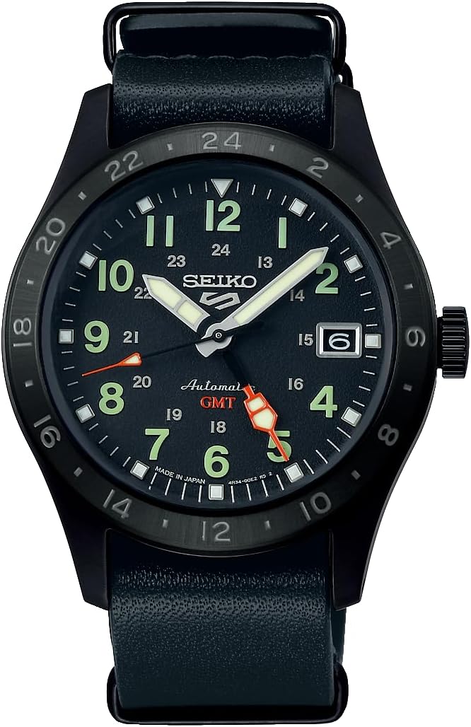 SEIKO 5 SPORTS FIELD GMT "SPORTS STYLE” COWHIDE STRAP ALL BLACK MEN WATCH SBSC013
