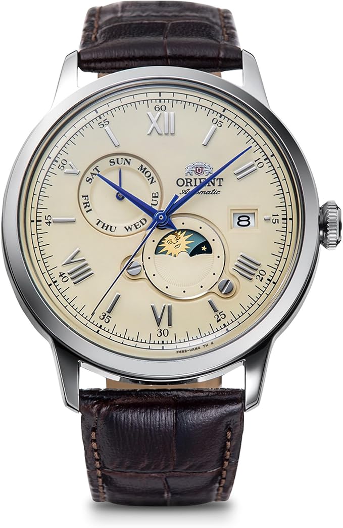 ORIENT BAMBINO SUN&MOON AUTOMATIC LEATHER STRAP IVORY DIAL MEN WATCH RN-AK0803Y
