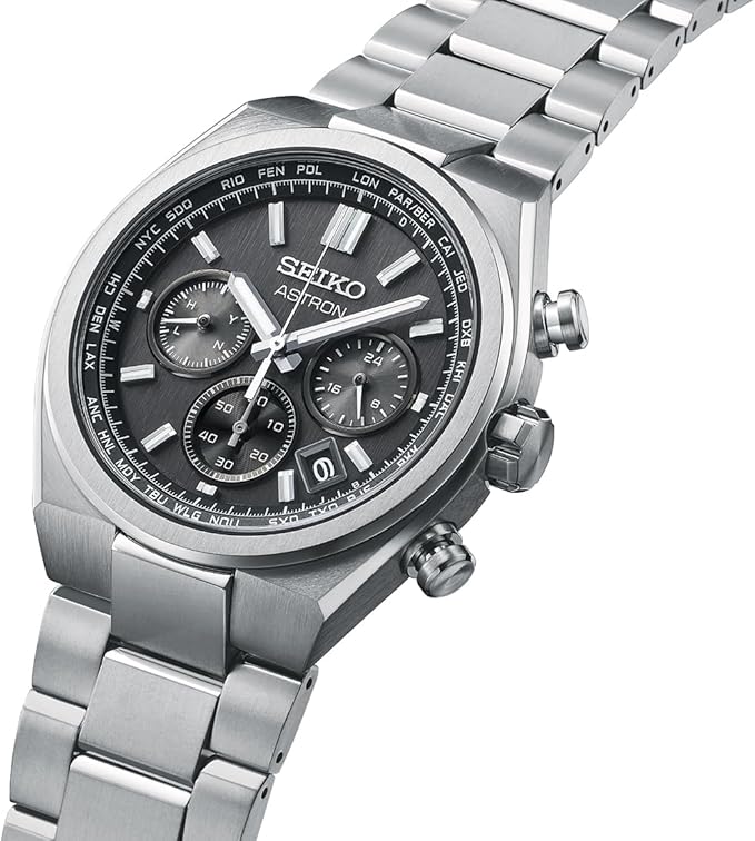 SEIKO ASTRON NEXTER SOLAR RADIO WORLD TIME CHRONOGRAPH SILVER & BLACK MEN WATCH SBXY097
