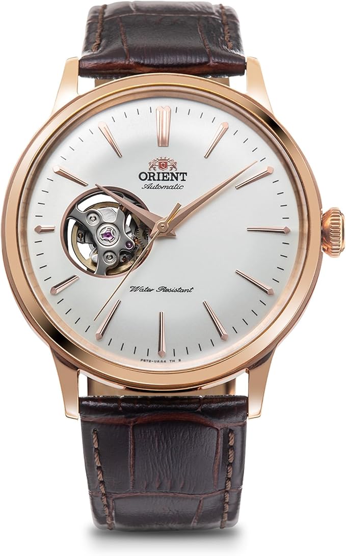 ORIENT BAMBINO AUTOMATIC OPEN HEART LEATHER STRAP GOLD MEN WATCH RN-AG0004S