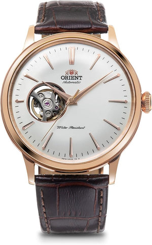 ORIENT BAMBINO AUTOMATIC OPEN HEART LEATHER STRAP GOLD MEN WATCH RN-AG0004S