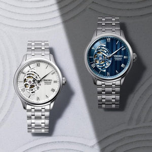 SEIKO PRESAGE AUTOMATIC JAPANESE GARDEN SILVER & WHITE SKELETON DIAL MEN WATCH SARY251