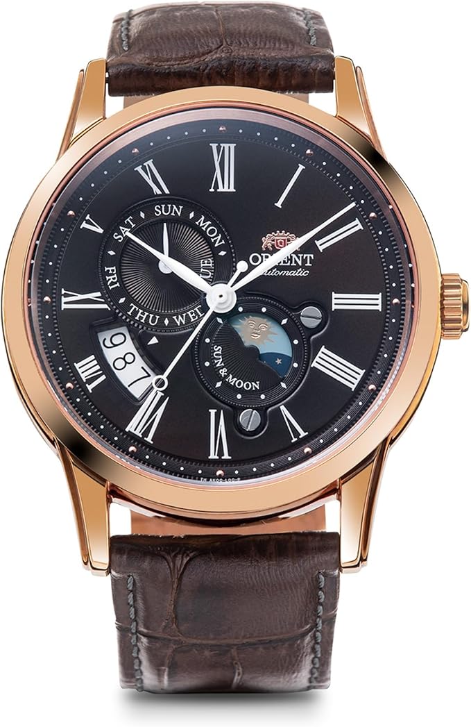 ORIENT SUN&MOON AUTOMATIC CLASSIC BROWN LEATHER STRAP PINK GOLD MEN WATCH RN-AK0002Y