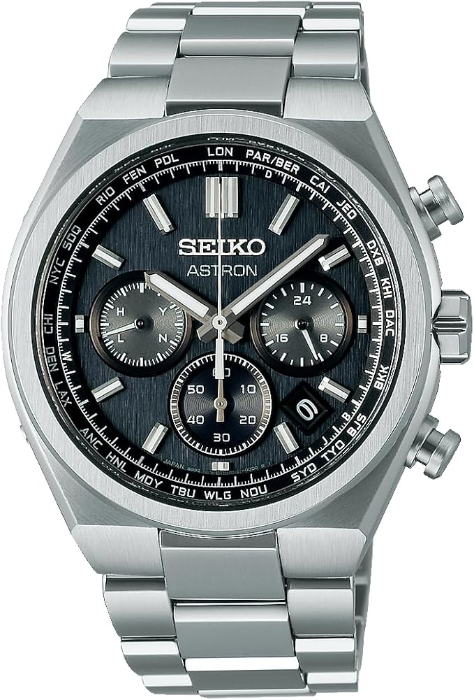 SEIKO ASTRON NEXTER SOLAR RADIO WORLD TIME CHRONOGRAPH SILVER & BLACK MEN WATCH SBXY097